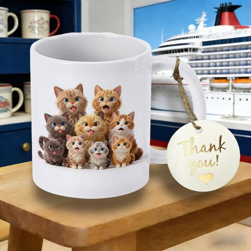 Tailorly White Ceramic 11 oz Mug - Thank You Adorable Playful Varied Expressive Fluffy Little Seated Kittens