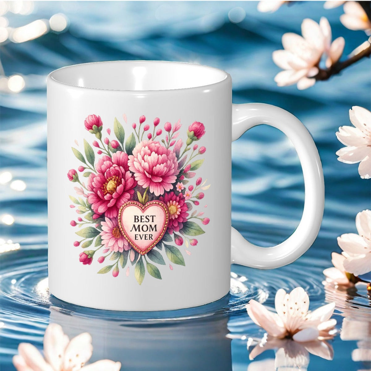 Tailorly White Ceramic 11 oz Mug - Best Mom Ever Elegant Pink Peonies With Lush Green Leaves Inside Decorative Heart Flowers