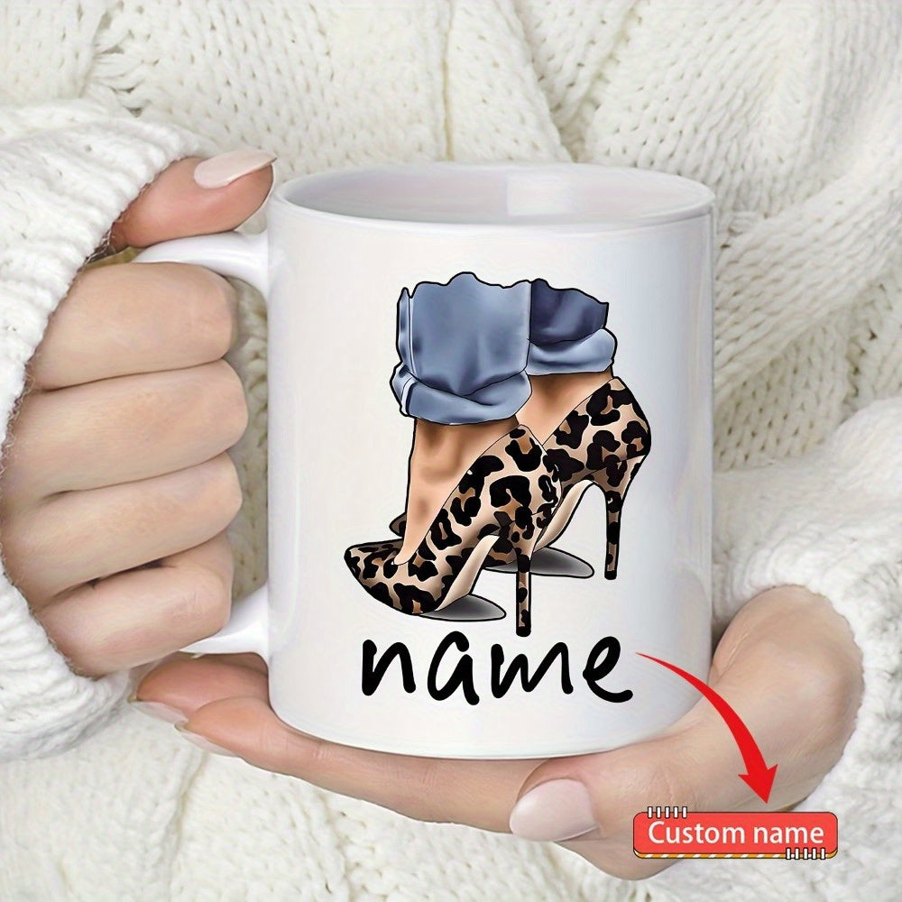 Tailorly White Ceramic 11 oz Mug - Custom Name Stylish Leopard Print With Cuffed Blue Denim Jeans Fashionable High Heels