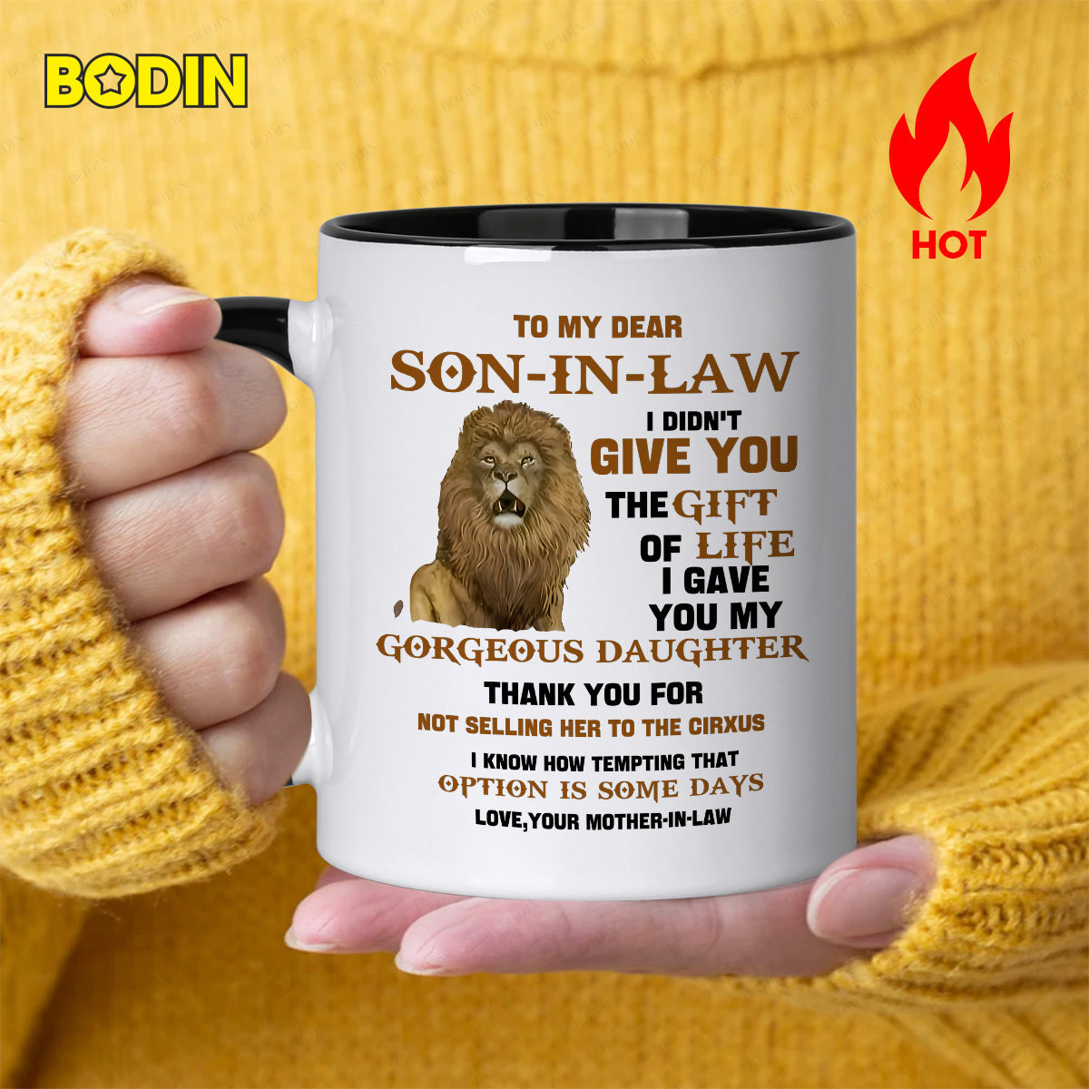 Tailorly Black Accent 11 oz Mug - lion with text "son in law"