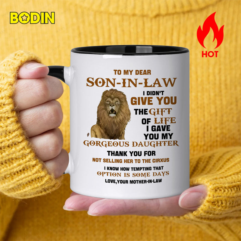 Tailorly Black Accent 11 oz Mug - lion with text "son in law"