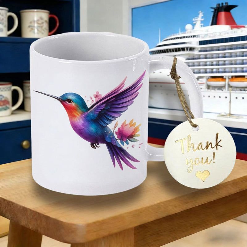 Tailorly White Ceramic 11 oz Mug - Vibrant Colorful Bird Flying Gracefully With Spread Wings Near Delicate Flowers Hummingbird