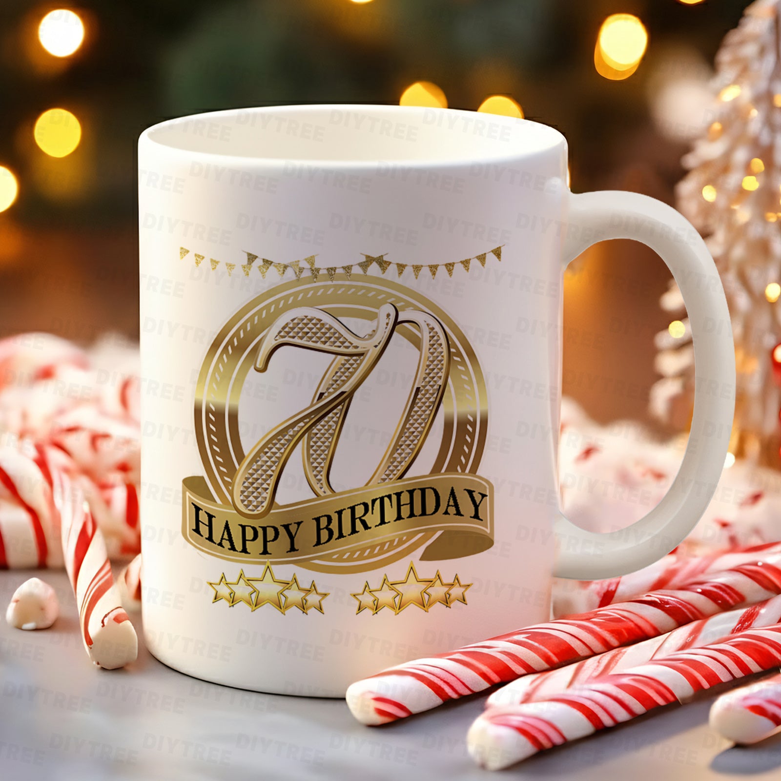 Tailorly White Ceramic 11 oz Mug - Happy Birthday Golden Ribbon Banner With Stars Under Decorative Festive Pennants Seventy