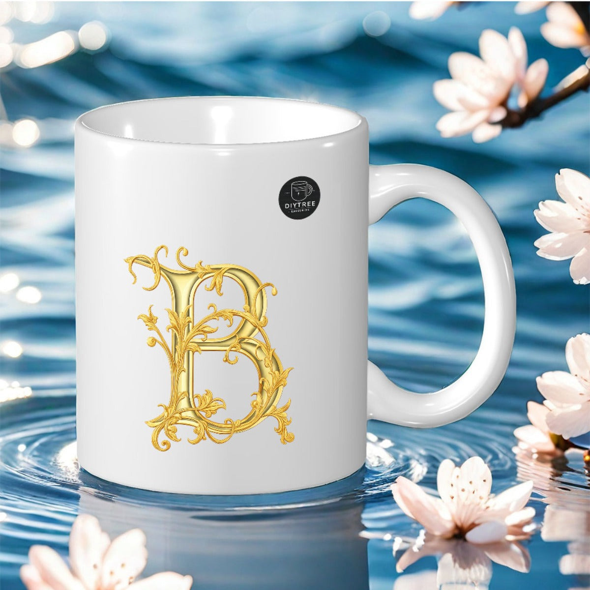 Tailorly White Ceramic 11 oz Mug - B Ornate Golden Filigree Alphabet Character Resting On Polished White Ceramic Letter