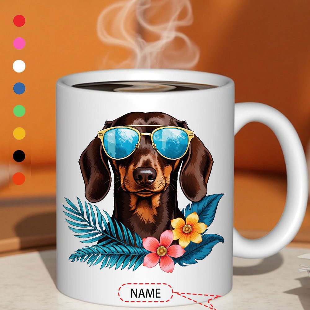 Tailorly White Ceramic 11 oz Mug - Name Cool Brown Dachshund Wearing Blue Sunglasses Among Vibrant Tropical Floral Leaves Dachshund