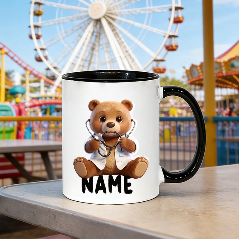 Tailorly Black Accent 11 oz Mug - coffee mug with Halloween and Christmas motifs personalized name text adorable little bear holding a stethoscope