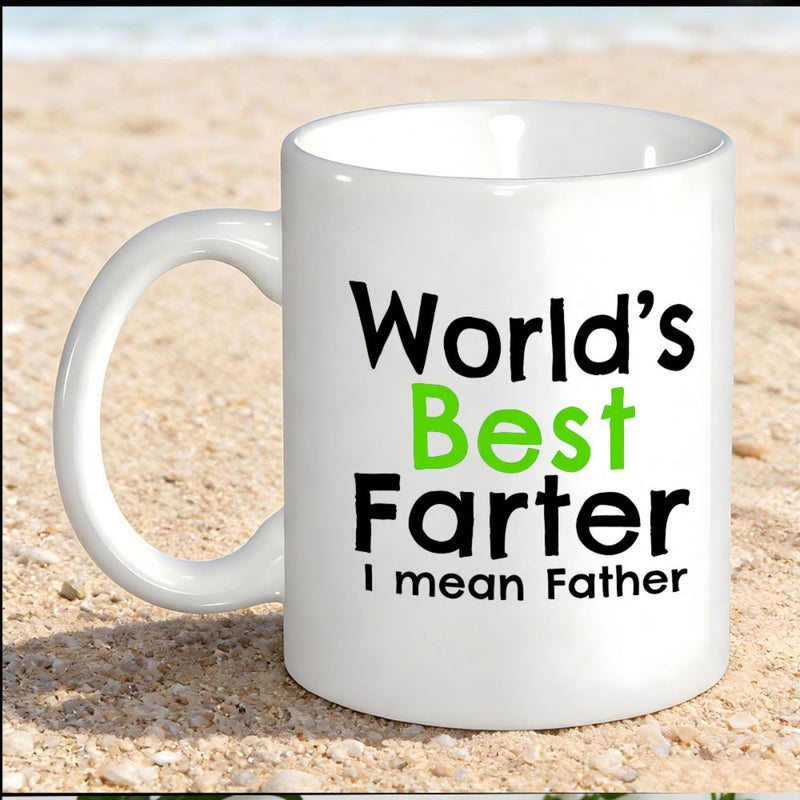 Tailorly White Ceramic 11 oz Mug - Worlds Best Farter I Mean Father Clean White Ceramic Coffee Cup Placed On Golden Glistening Warm Beach Sand Mug