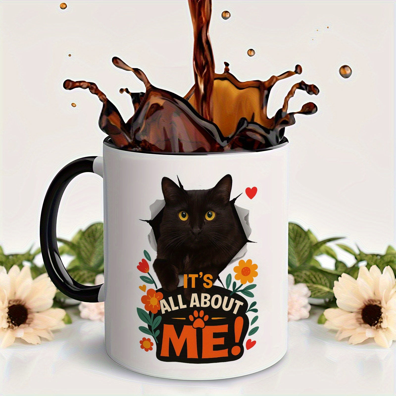 Tailorly Black Accent 11 oz Mug - funny black cat and floral