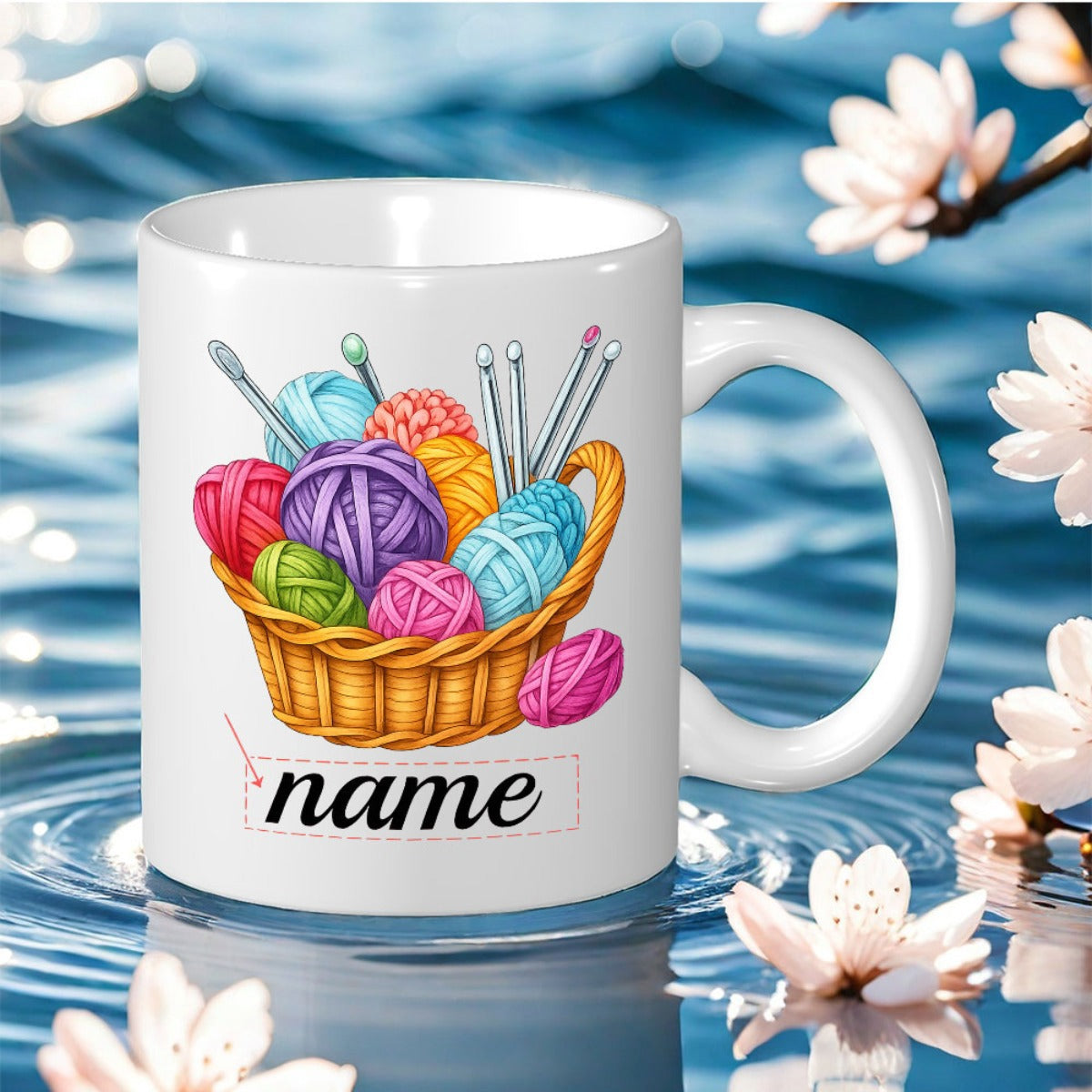 Tailorly White Ceramic 11 oz Mug - Name Colorful Yarn Balls And Knitting Needles Inside A Wicker Handmade Basket