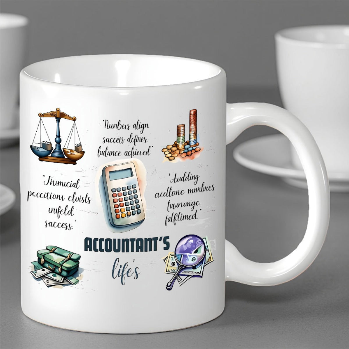 Tailorly White Ceramic 11 oz Mug - Accountants Life Detailed Professional Financial Icons Featuring Stacks Of Money And Calculator