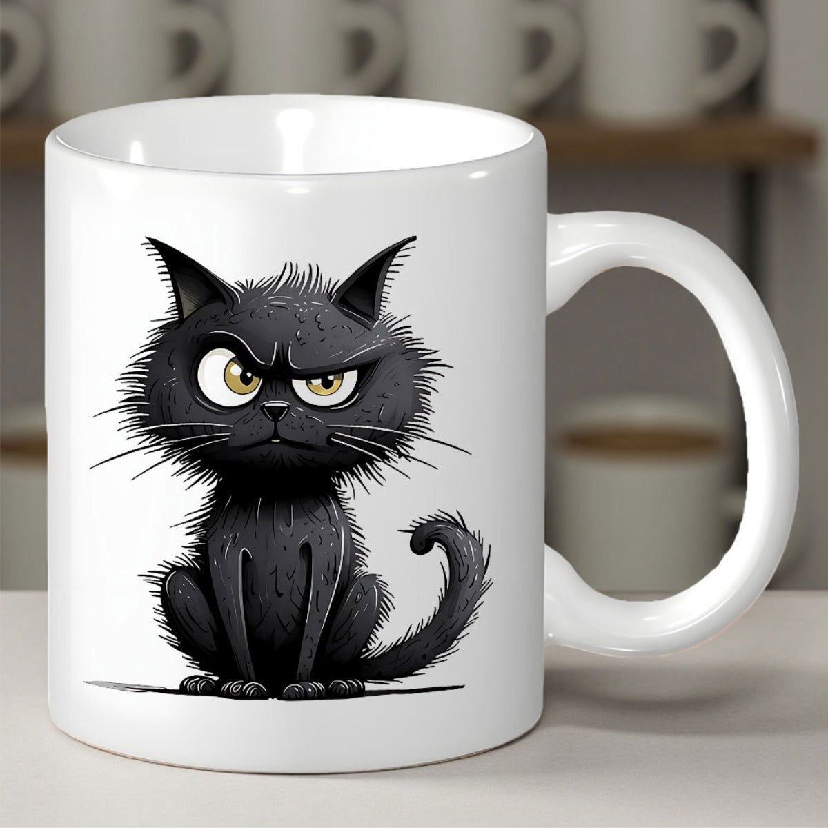 Tailorly White Ceramic 11 oz Mug - Scruffy Black Animal Sitting With Wide Grumpy Eyes And Messy Fur Cat