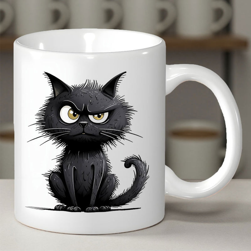 Tailorly White Ceramic 11 oz Mug - Scruffy Black Animal Sitting With Wide Grumpy Eyes And Messy Fur Cat