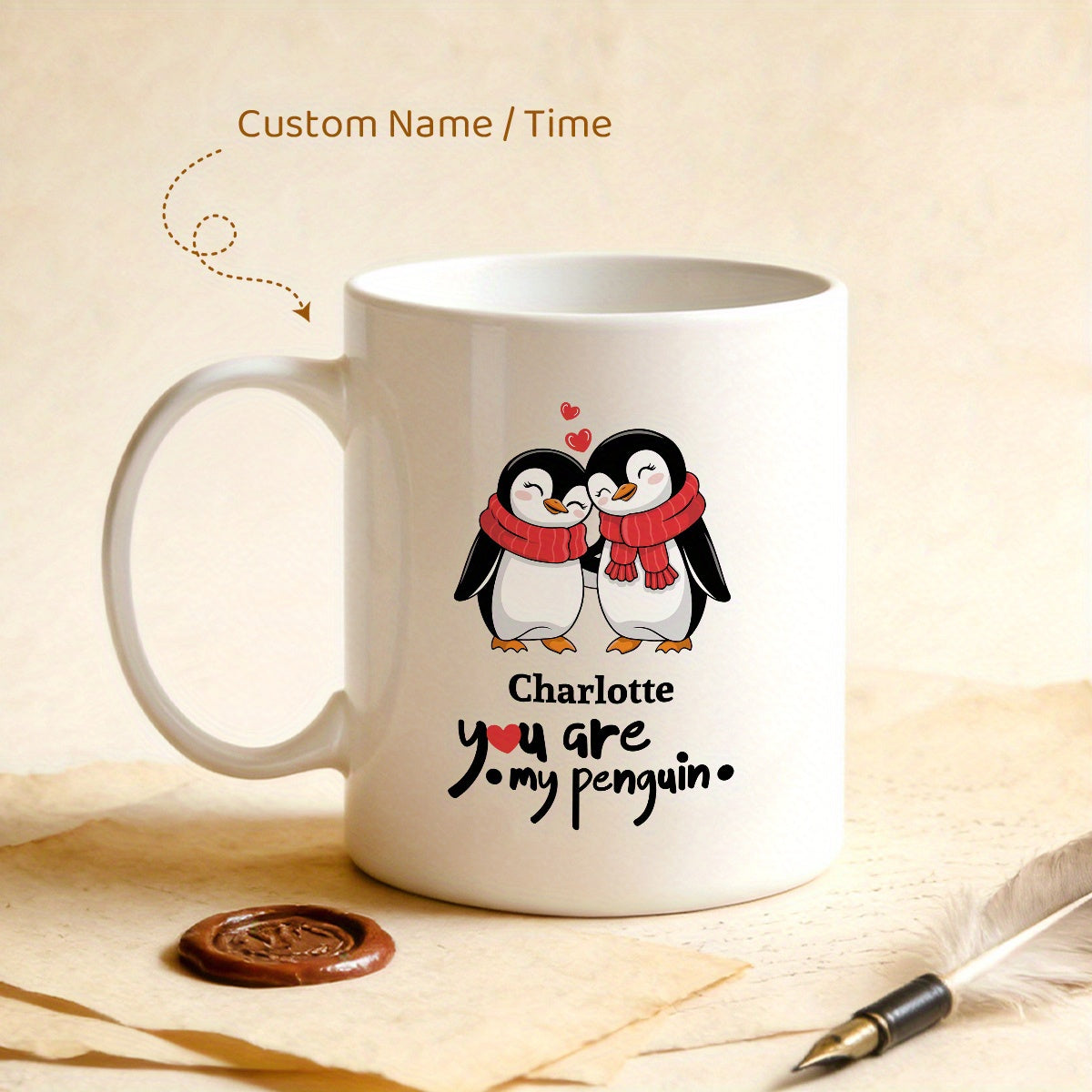 Tailorly White Ceramic 11 oz Mug - Charlotte You Are My Penguin Two Cute Cartoon Penguins Wearing Red Scarves Under Red Hearts Penguin