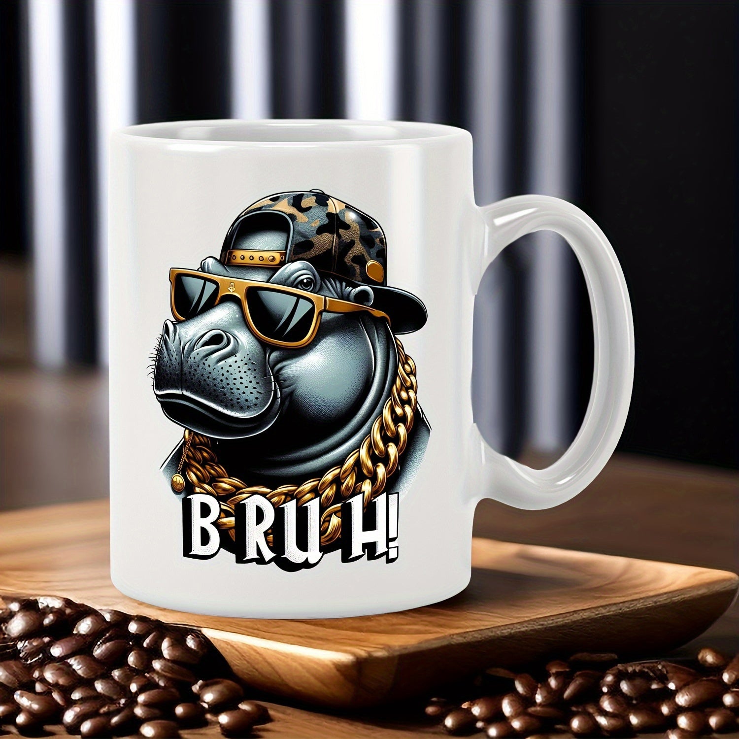 Tailorly White Ceramic 11 oz Mug - Bruh Cool Hip Hop Hippo Wearing Camouflage Hat And Gold Chains Hippo