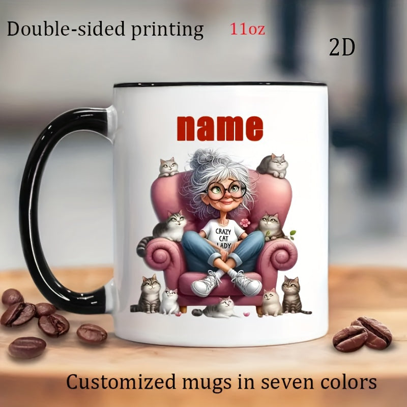 Tailorly Black Accent 11 oz Mug - 2d grandma and cats cartoon illustration