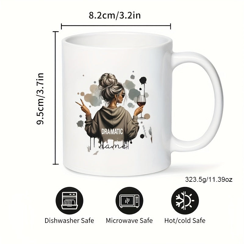 Tailorly White Ceramic 11 oz Mug - Dramatic Stylish Woman With Messy Bun Holding Wine Glass Among Artistic Splashes Woman