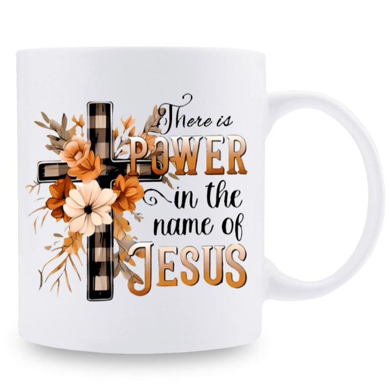 Tailorly White Ceramic 11 oz Mug - There Is Power In The Name Of Jesus Rustic Buffalo Plaid Pattern Adorned With Elegant Autumn Floral Blooms And Leaves Cross