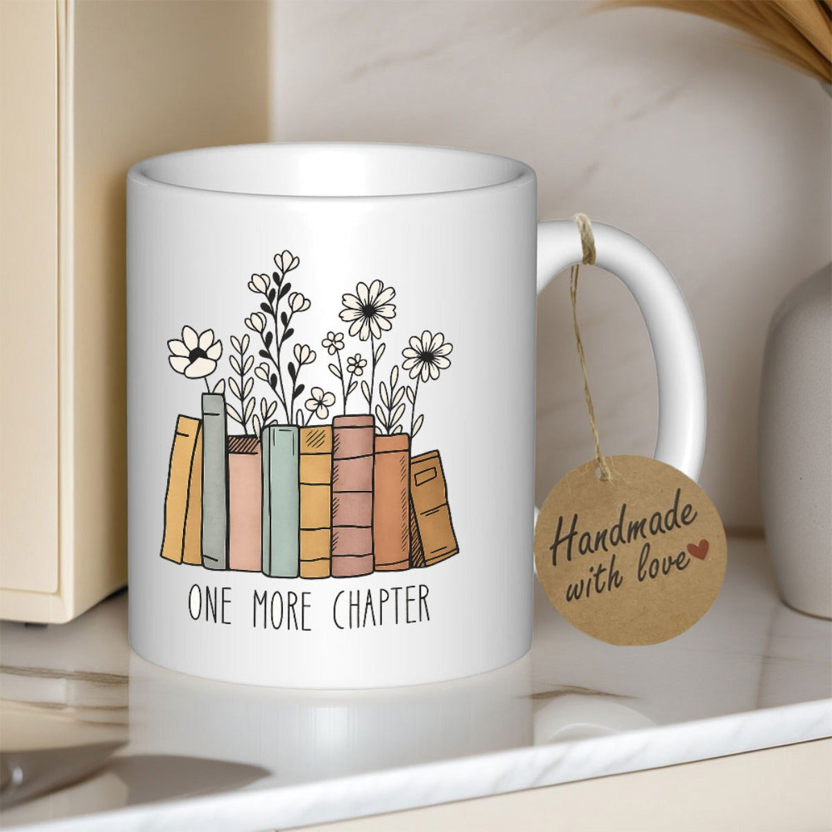 Tailorly White Ceramic 11 oz Mug - One More Chapter Hand Drawn Colorful Vintage Books Growing Delicate Wildflowers Under Soft Light Book