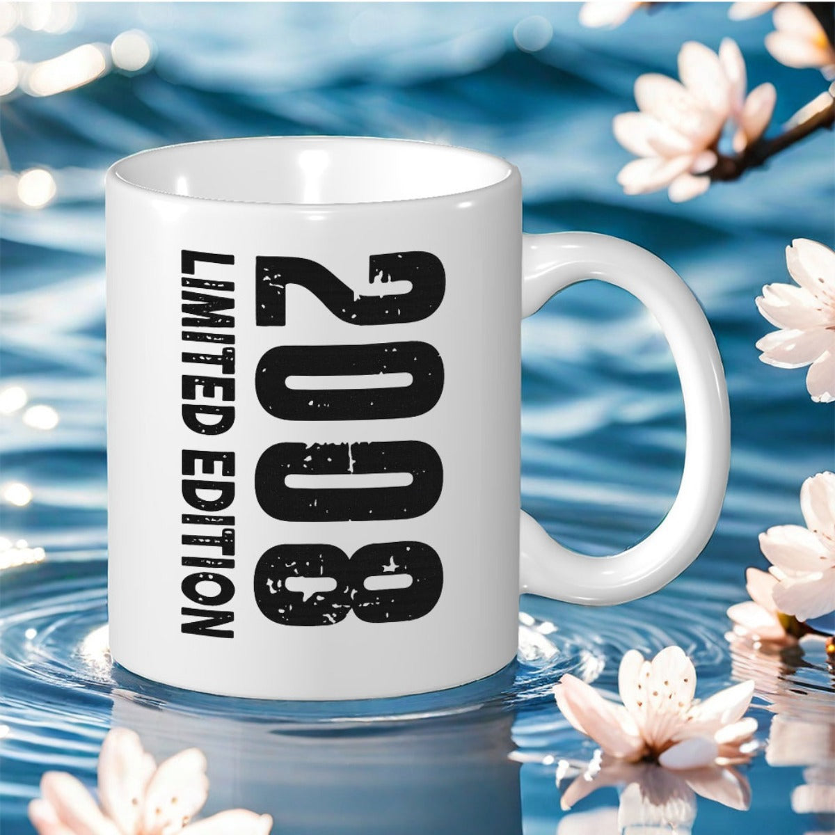 Tailorly White Ceramic 11 oz Mug - 2008 Limited Edition Distressed Bold Vertical Block Style Black Textured Design Year