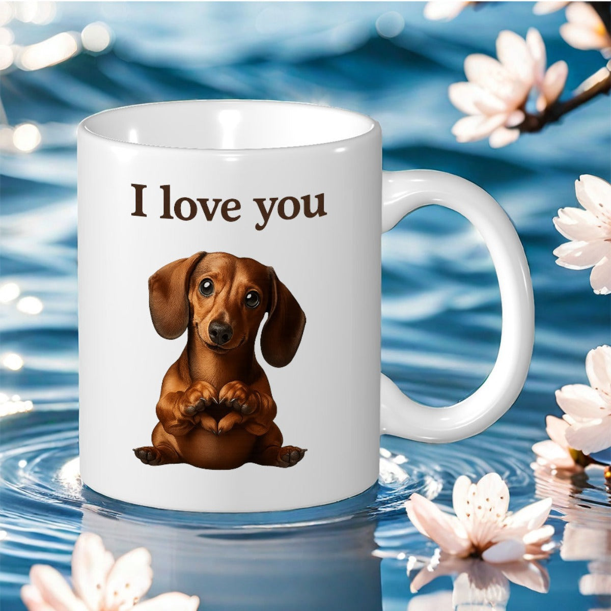 Tailorly White Ceramic 11 oz Mug - I Love You Adorable Brown Dachshund Puppy Making Heart Gesture With Tiny Paws Seated Dachshund