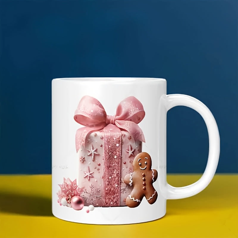 Tailorly White Ceramic 11 oz Mug - Festive Pink Wrapped Box With Bow Beside A Smiling Small Holiday Gingerbread Man