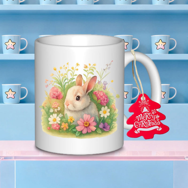 Tailorly White Ceramic 11 oz Mug - Merry Christmas Cute Watercolor Bunny Sitting Among Lush Blooming Spring Garden Flowers Rabbit