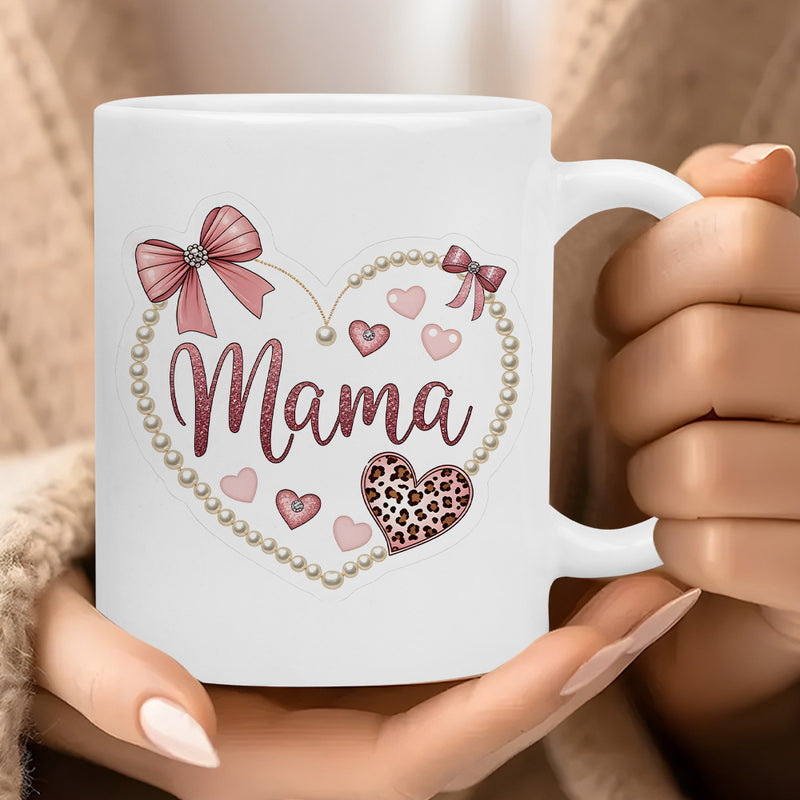 Tailorly White Ceramic 11 oz Mug - Mama Shimmering Pearl Frame With Pink Bows And Leopard Pattern Heart