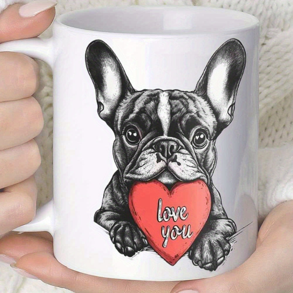 Tailorly White Ceramic 11 oz Mug - Love You Artistic Hand Drawn French Bulldog Holding Vibrant Red Heart Bulldog