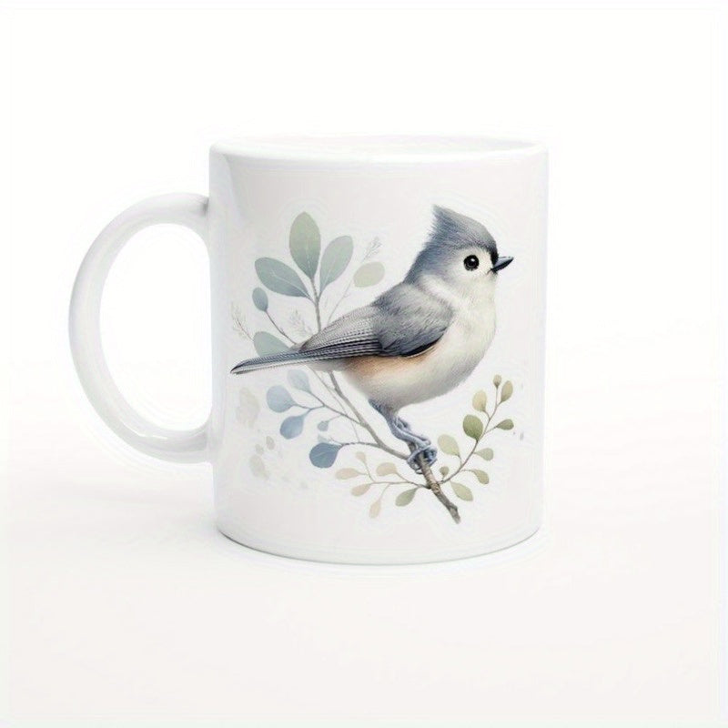 Tailorly White Ceramic 11 oz Mug - Watercolor Style Tufted Titmouse Perched On Delicate Leafy Branches With Soft Tones Bird