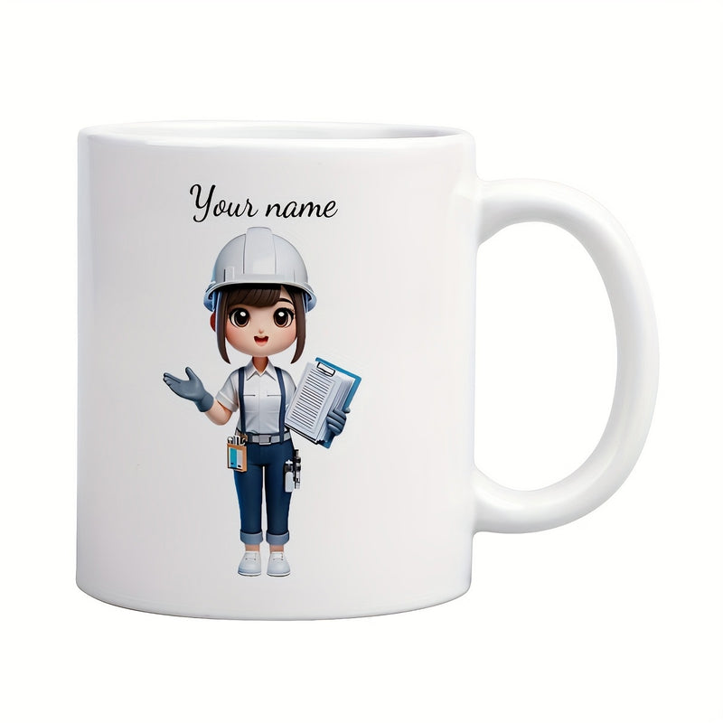 Tailorly White Ceramic 11 oz Mug - Your Name Adorable Female Construction Worker Wearing White Safety Hard Hat And Carrying Clipboard Engineer