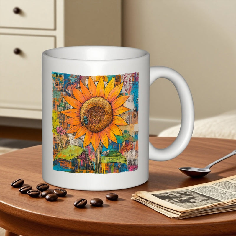 Tailorly White Ceramic 11 oz Mug - Vibrant Yellow Petals Blooming Amidst A Colorful Artistic Textured Collage Background Sunflower