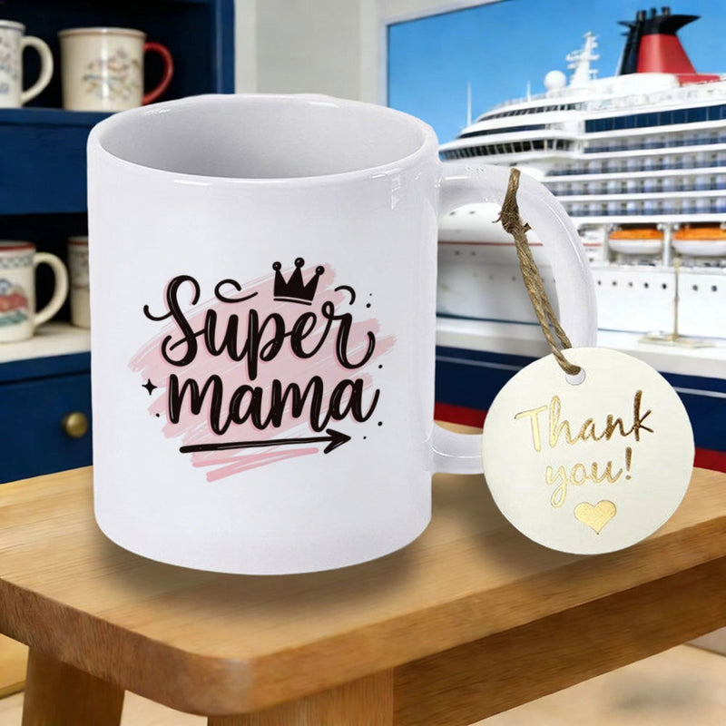Tailorly White Ceramic 11 oz Mug - Super Mama Elegant Decorative Script Over A Soft Pink Artistic Watercolor Backdrop Crown