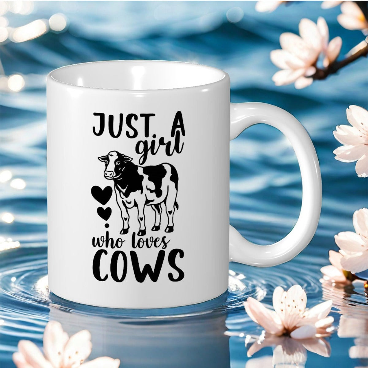 Tailorly White Ceramic 11 oz Mug - Just A Girl Who Loves Cows Detailed Black And White Spotted Farm Animal Standing Still Cow
