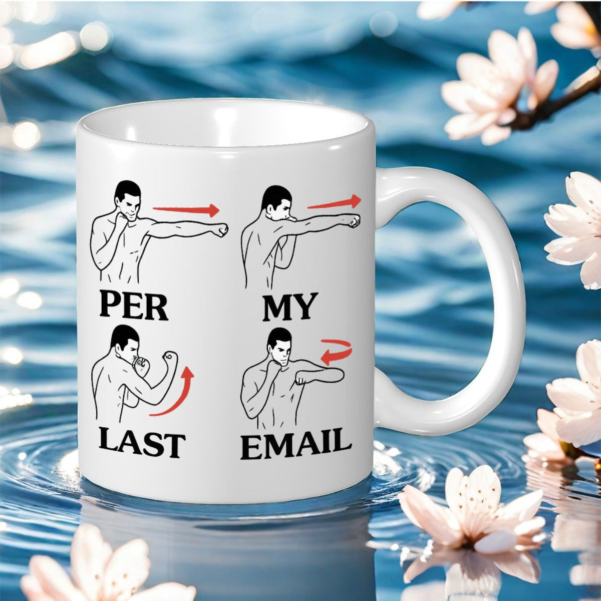 Tailorly White Ceramic 11 oz Mug - Per My Last Email Four Panels Of Professional Boxers Throwing Punches With Directional Red Arrows Mug