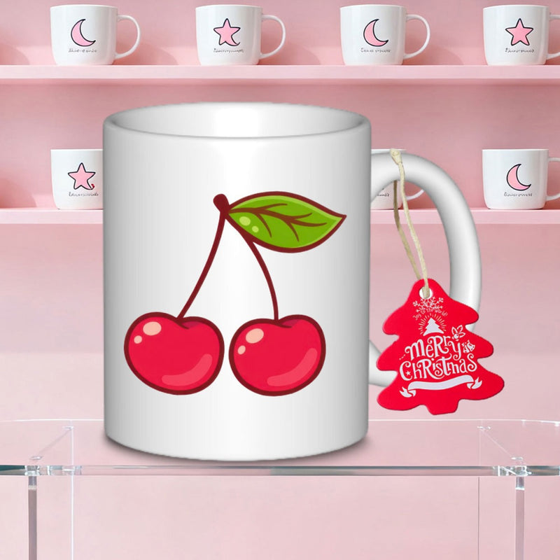 Tailorly White Ceramic 11 oz Mug - Merry Christmas Two Vibrant Red Summer Fruits Hanging From Green Leaf Stem Cherry