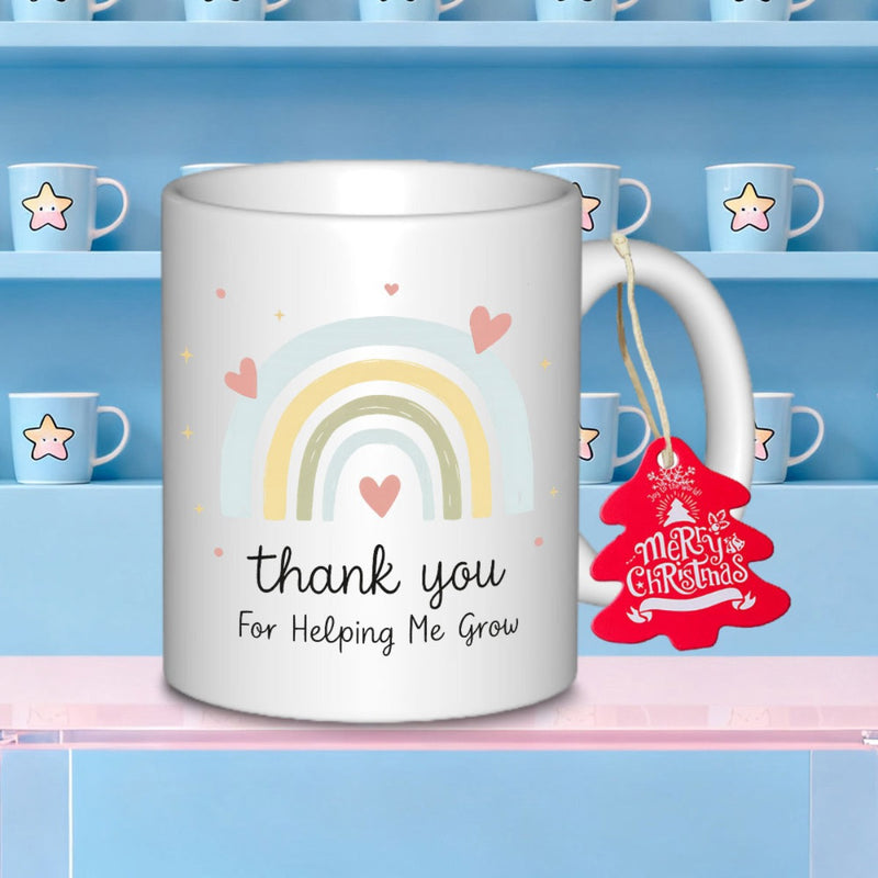 Tailorly White Ceramic 11 oz Mug - Thank You For Helping Me Grow Pastel Boho Style Pattern With Floating Hearts And Delicate Dots Rainbow
