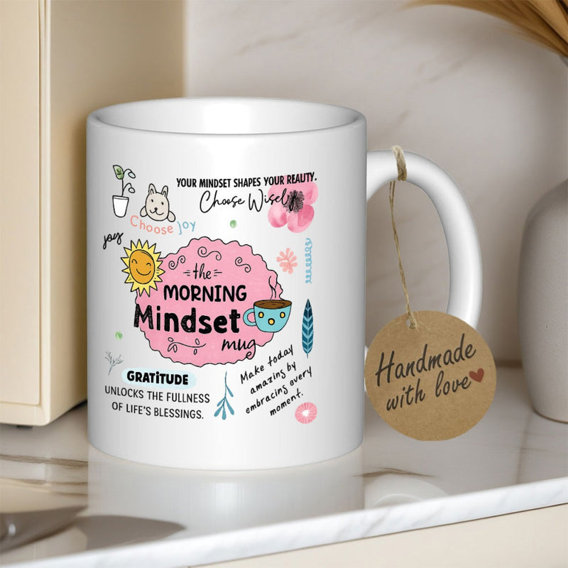 Tailorly White Ceramic 11 oz Mug - Your Mindset Shapes Your Reality Choose Joy Morning Mindset Gratitude Whimsical Hand Drawn Doodles Featuring Smiling Sun And