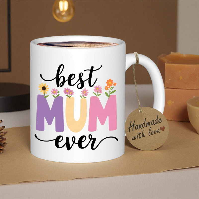 Tailorly White Ceramic 11 oz Mug - Best Mum Ever Vibrant Colorful Garden Flowers Growing From Bold Block Lettering Motherhood Inspired Mug