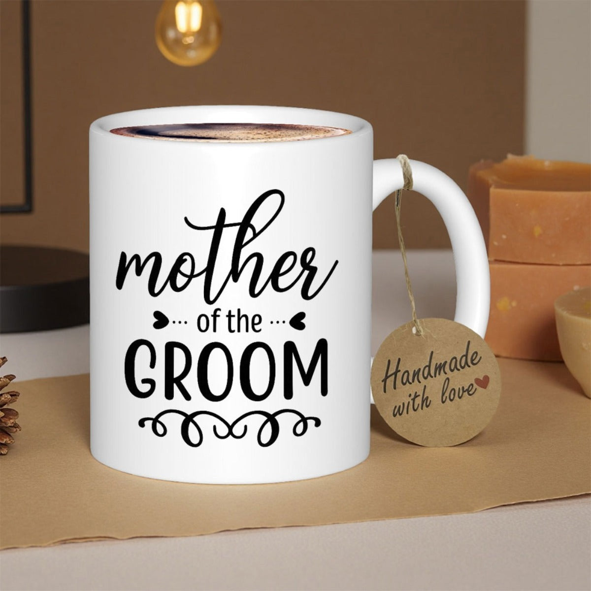 Tailorly White Ceramic 11 oz Mug - Mother Of The Groom Elegant Cursive Script With Bold Block Letters And Decorative Bottom Swirls Sign