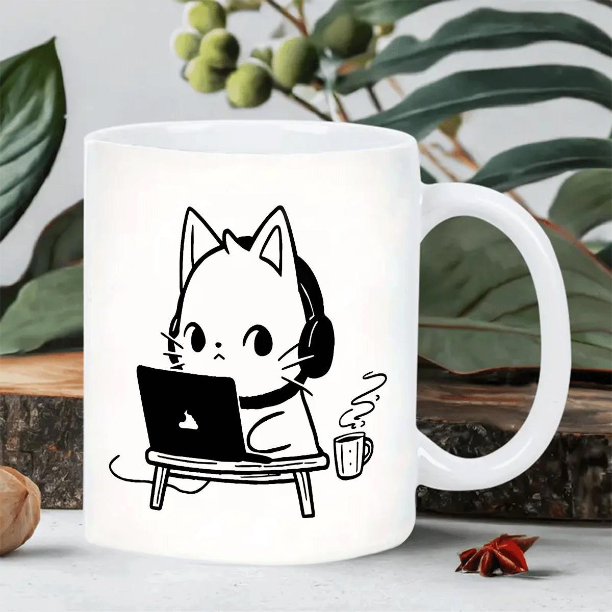 Tailorly White Ceramic 11 oz Mug - Cute Minimalist Line Drawing Of Cat Wearing Headphones Using A Laptop Cat
