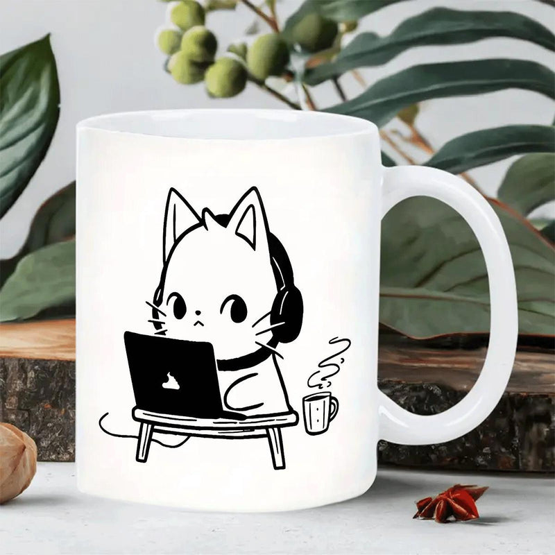 Tailorly White Ceramic 11 oz Mug - Cute Minimalist Line Drawing Of Cat Wearing Headphones Using A Laptop Cat