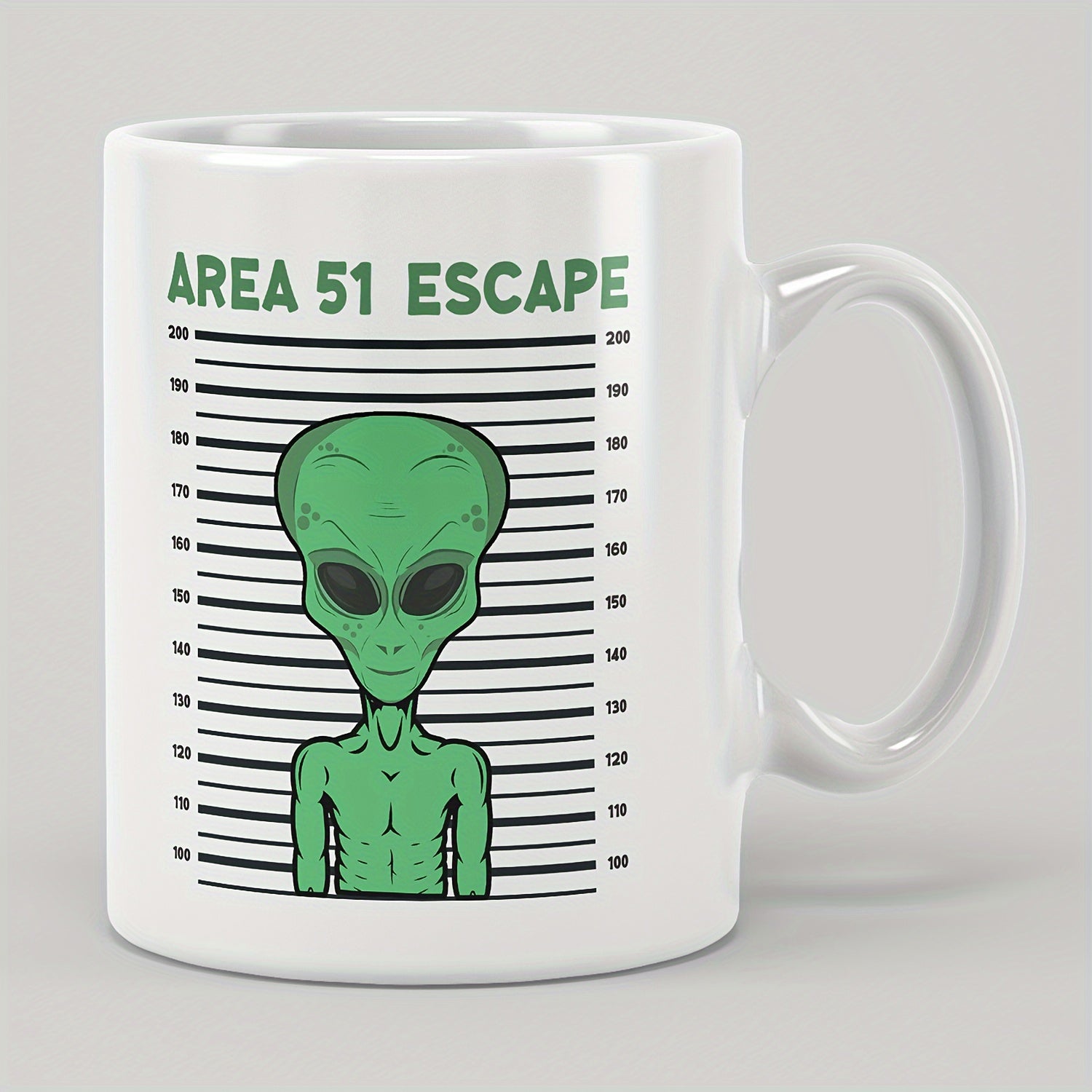 Tailorly White Ceramic 11 oz Mug - Area 51 Escape Green Extraterrestrial Standing Against Horizontal Black Police Height Measurement Lines Alien