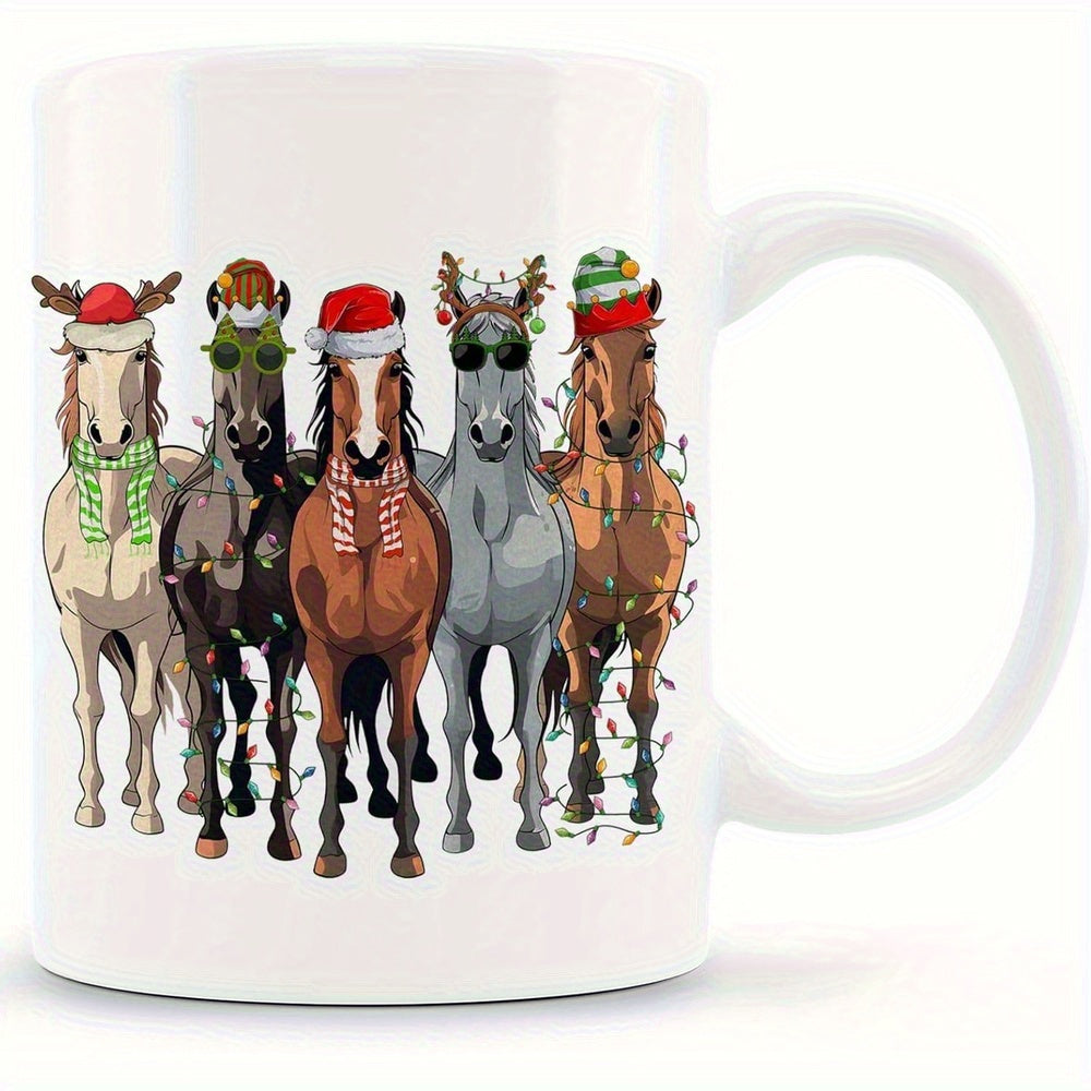 Tailorly White Ceramic 11 oz Mug - Festive Horses Wearing Christmas Hats And Decorative Reindeer Antlers Among Colorful Lights Horse