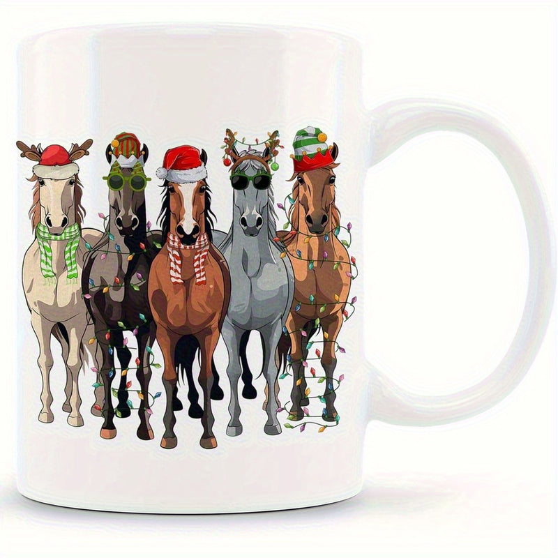 Tailorly White Ceramic 11 oz Mug - Festive Horses Wearing Christmas Hats And Decorative Reindeer Antlers Among Colorful Lights Horse