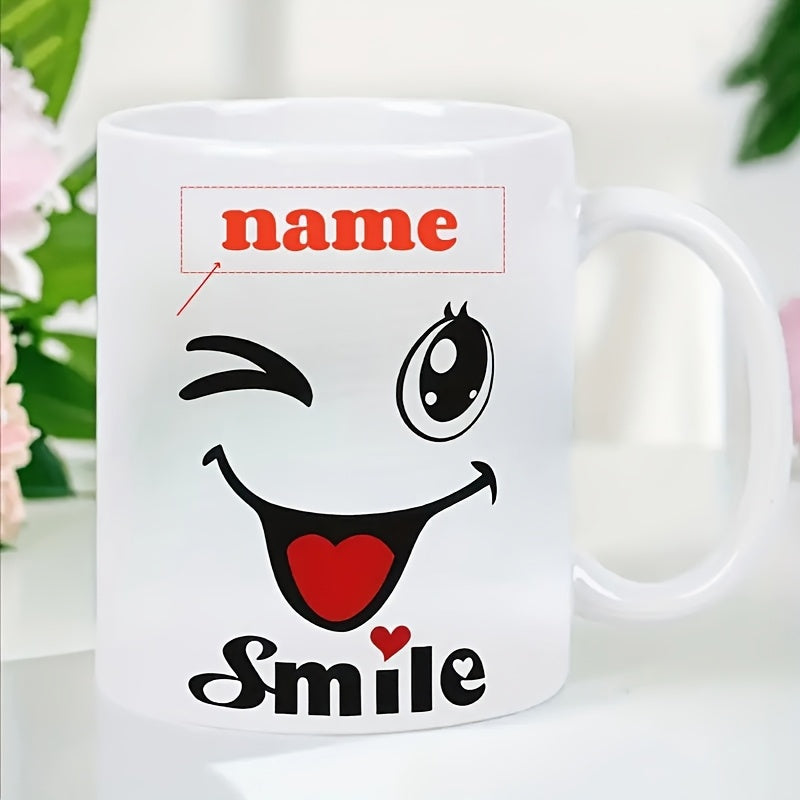 Tailorly White Ceramic 11 oz Mug - Name Smile Cheerful Winking Cartoon Face Featuring Red Heart Tongue Small Detail Mug