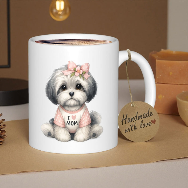 Tailorly White Ceramic 11 oz Mug - I Mom Adorable Fluffy Puppy Wearing Pink Shirt And Floral Hair Bow Accessory Puppy