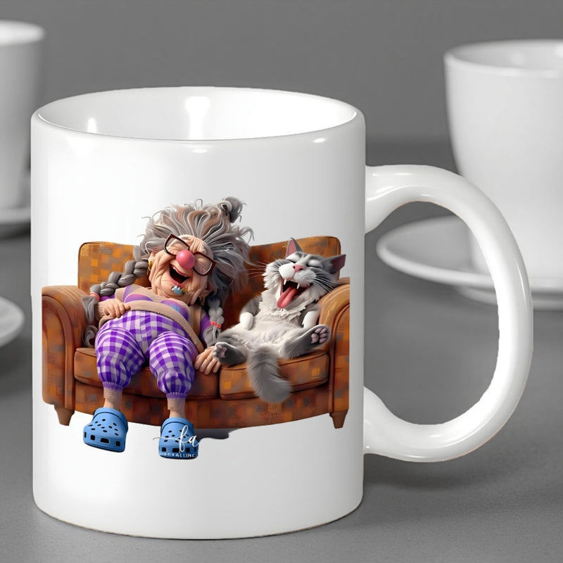 Tailorly White Ceramic 11 oz Mug - Laughing Elderly Woman On Sofa With Resting Grey Cat Grandmother