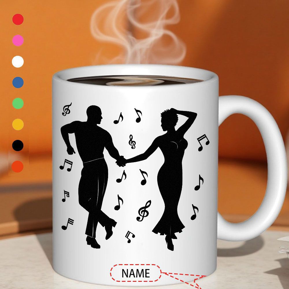 Tailorly White Ceramic 11 oz Mug - Name Elegant Silhouettes Of A Couple Dancing Among Floating Musical Notes Dancers