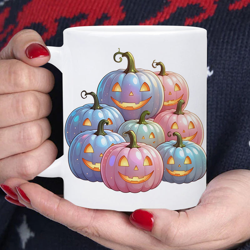 Tailorly White Ceramic 11 oz Mug - Whimsical Pastel Jack O Lanterns Glowing Under Warm Soft Autumn Light Pumpkins