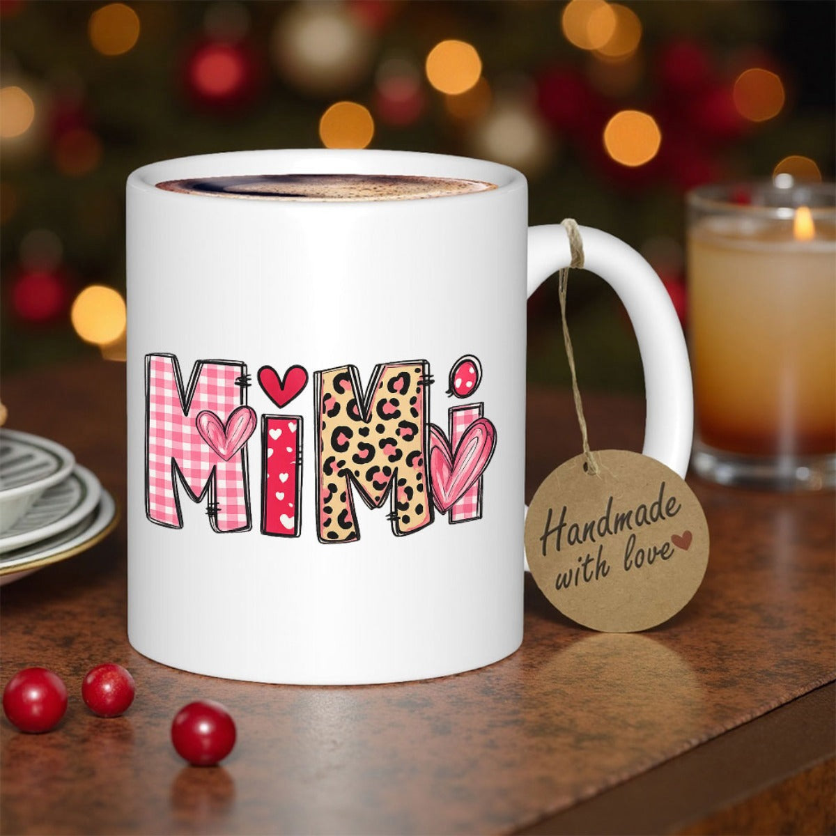Tailorly White Ceramic 11 oz Mug - Mimi Decorative Hand Drawn Letters With Leopard Print And Pink Heart Patterns Mug